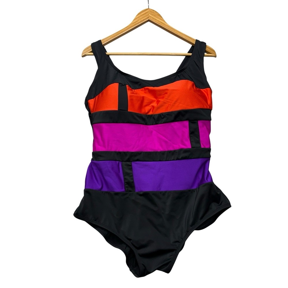 Longitude Womens Swimsuit 20W Black Purple Color block One Piece Swim Modest